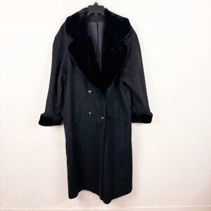 Vintage 80s Peacoat Black Wool Faux Fur Long Coat Womans Large Double Breasted